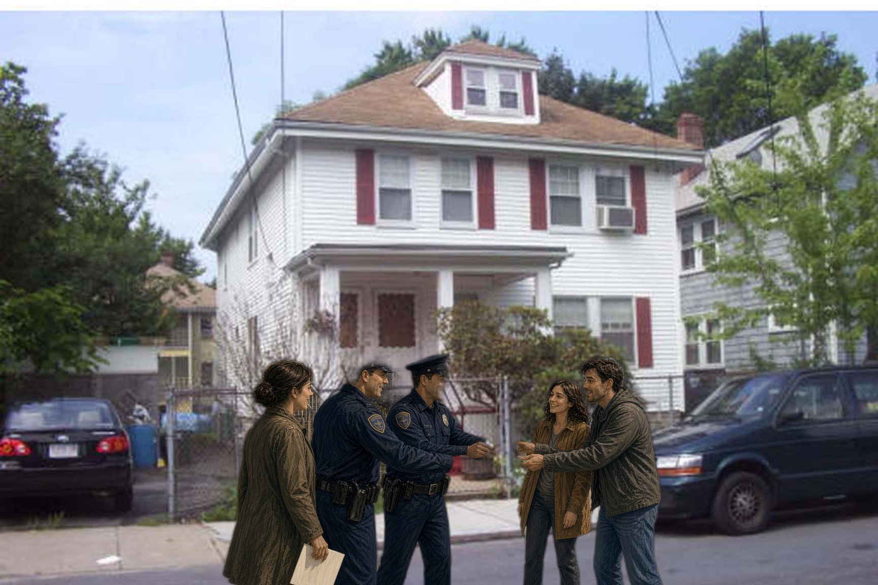 Police and neighbors hand out flyers together on the sidewalk in front of the real house at 25 Malta Street