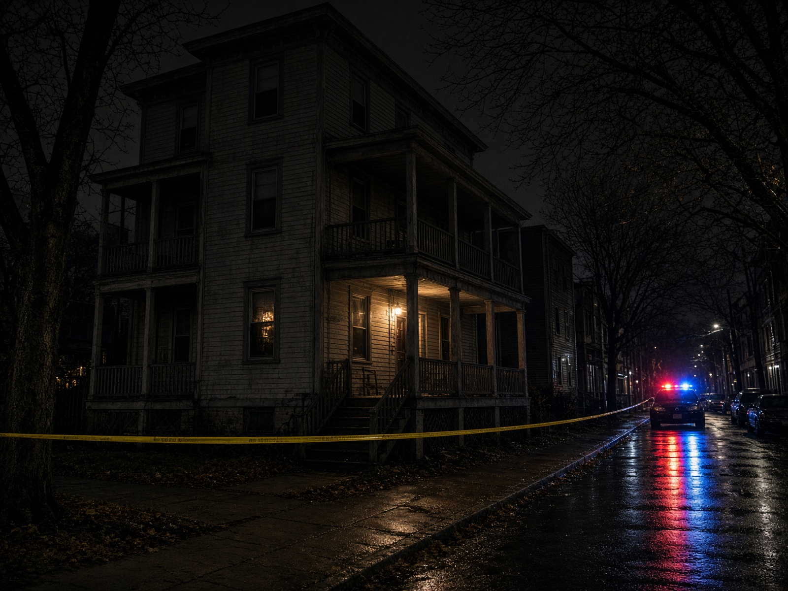 Triple-decker house at night with police lights down the street