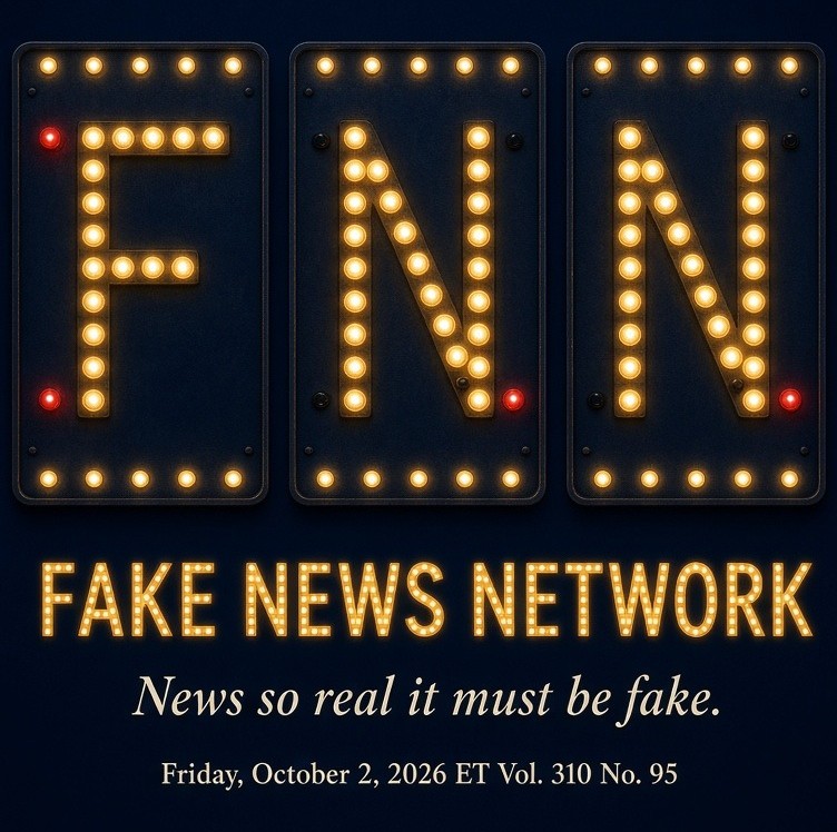 FNN. FAKE NEWS NETWORK. News so real it must be fake. Friday, October 2, 2026 ET. Vol. 310 No. 95.