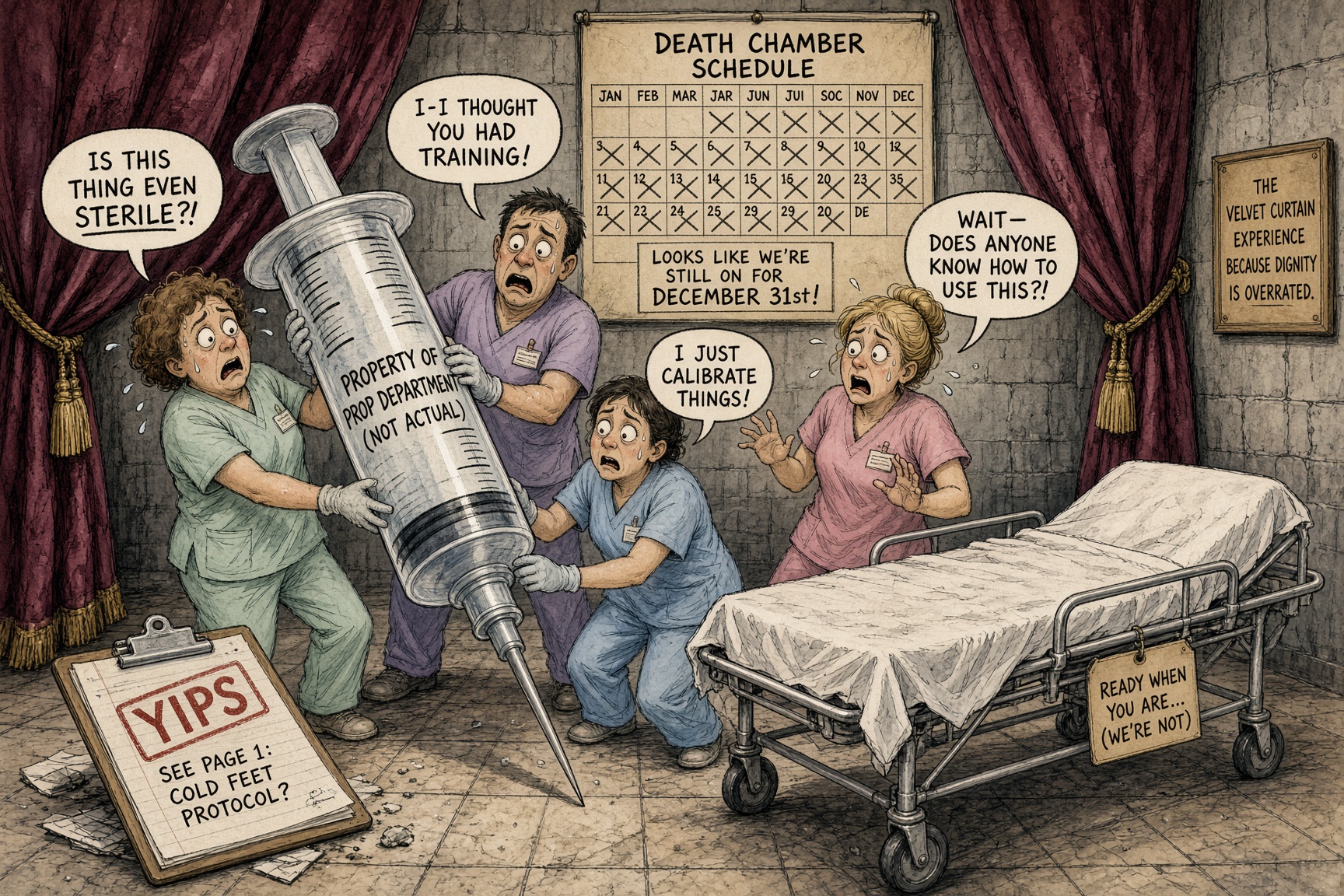 Cartoon chamber crew in pastel scrubs fumbling a giant syringe, clipboard stamped YIPS